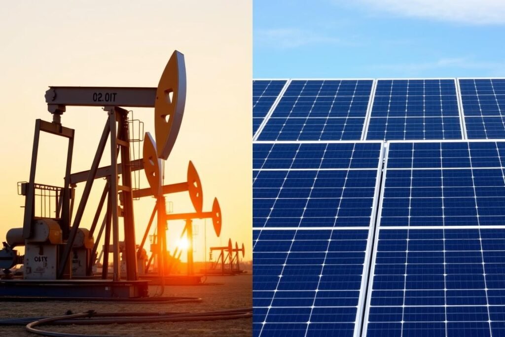 Oil pumps and solar panels side by side, illustrating the energy sector impacts of Trump's Big Beautiful Bill stock market impact