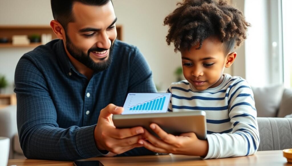 Parent and child reviewing savings account information on tablet