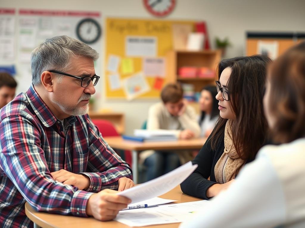 Parent and teacher discussing education funding impacts at conference