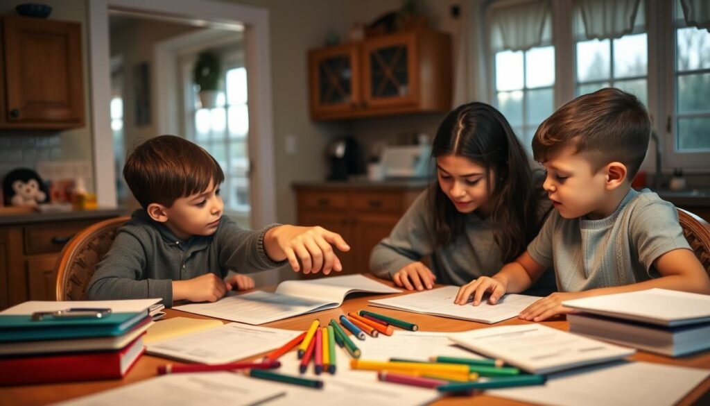 Parent helping child with homework at kitchen table