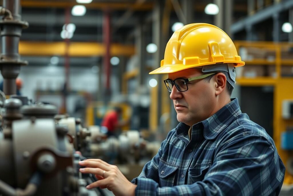 Pennsylvania manufacturing worker examining industrial equipment in a factory