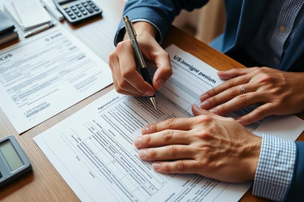 Person filling out immigration forms with fee payment