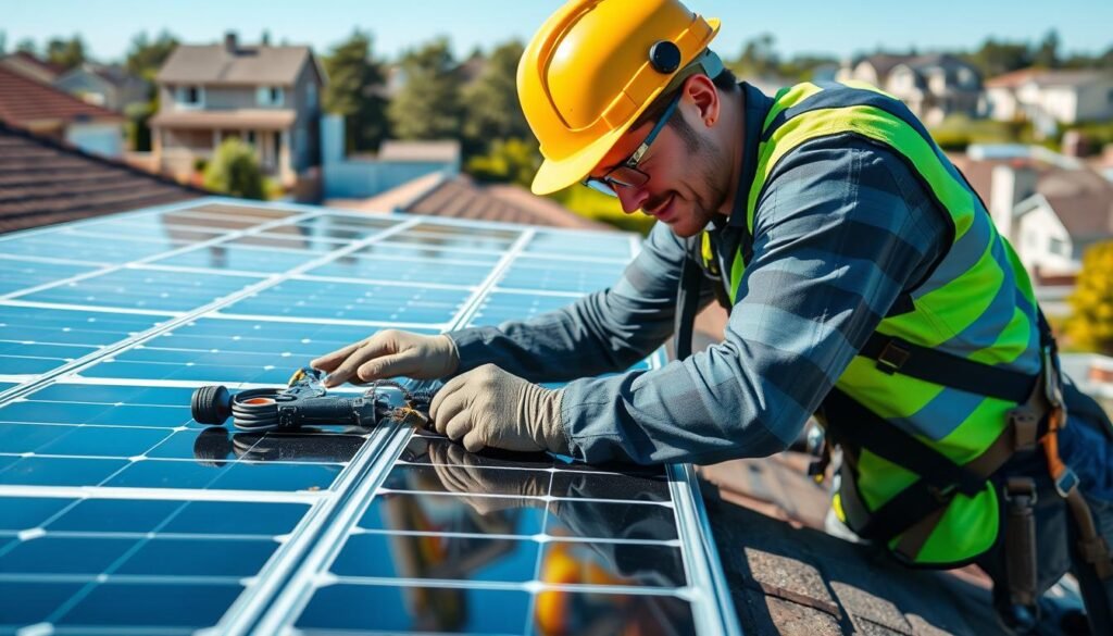 Person installing solar panels on a residential rooftop