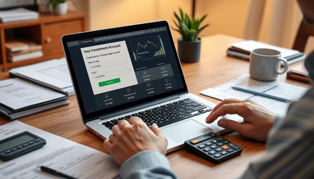 Person opening investment account online to purchase mutual funds and ETFs
