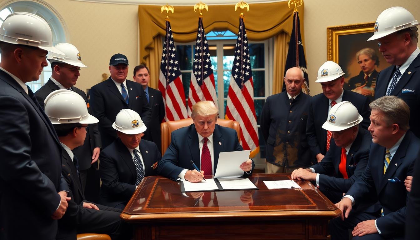 President Trump signing energy executive orders with coal miners and energy executives