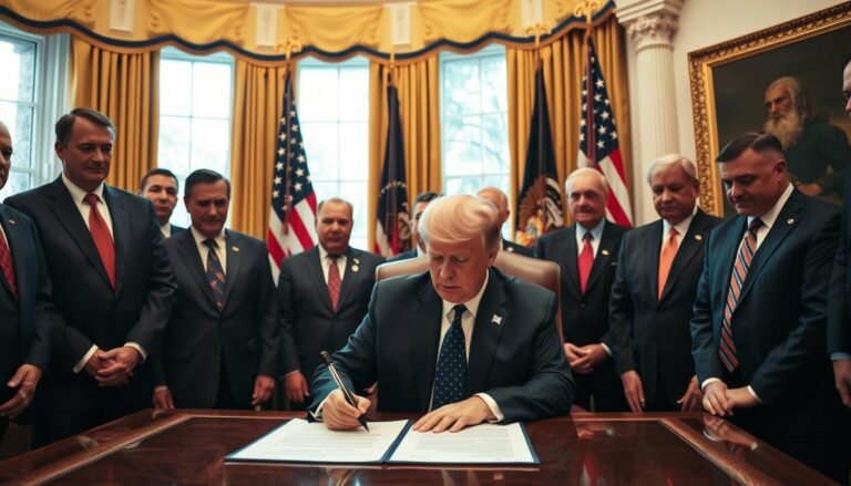President Trump signing the Big Beautiful Bill into law surrounded by Republican lawmakers