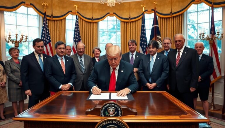 President Trump signing the Big Beautiful Bill surrounded by Republican lawmakers