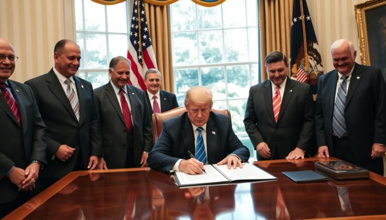 President Trump signing the Big Beautiful Bill with Republican lawmakers celebrating in the background, highlighting Trump's Big Beautiful Bill stock market impact