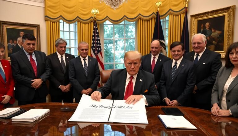 President Trump signing the Big Beautiful Bill with economic advisors and business leaders