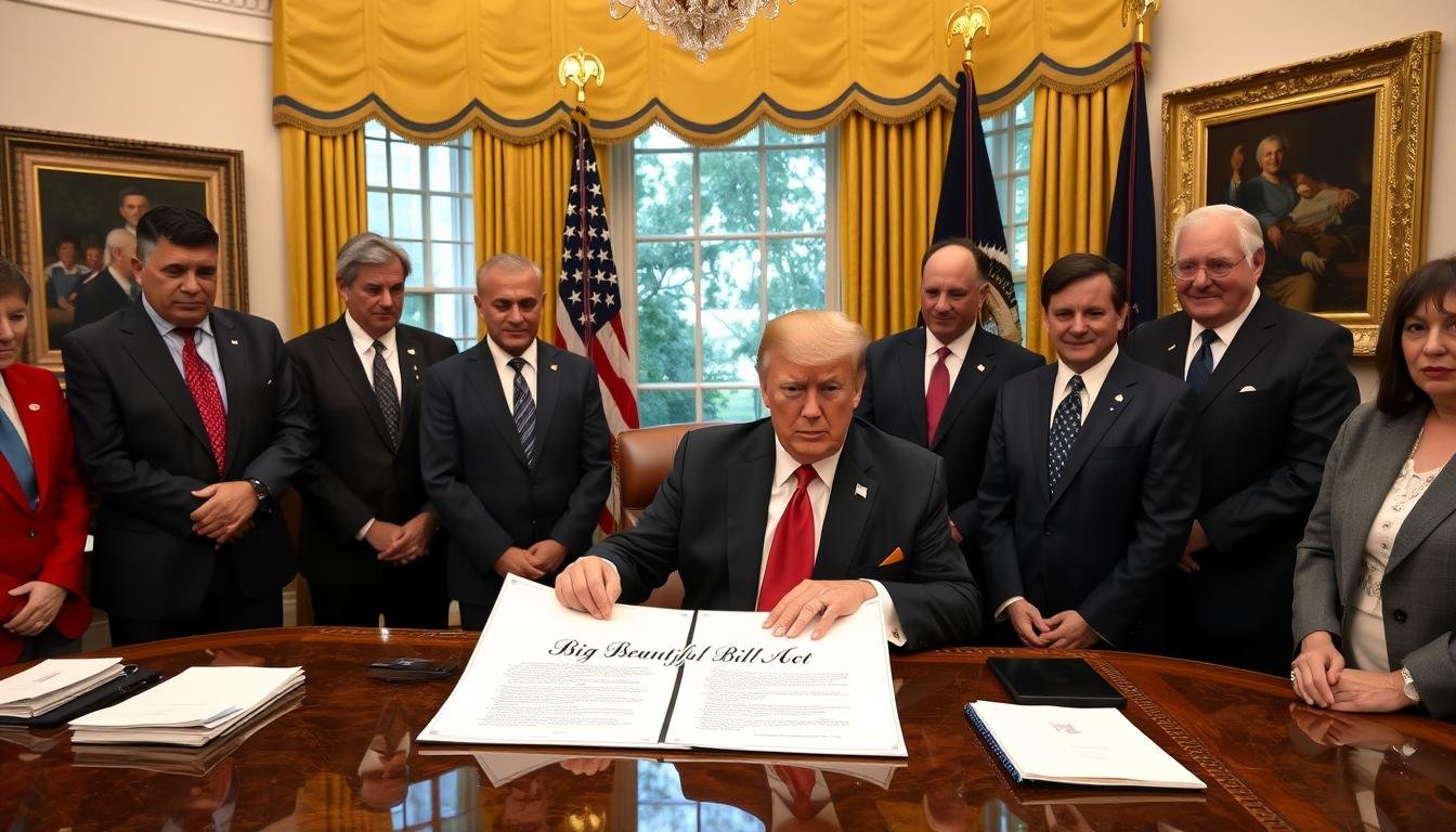 President Trump signing the Big Beautiful Bill with economic advisors and business leaders
