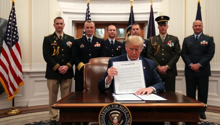 President Trump signing the Big Beautiful Bill with military officials present