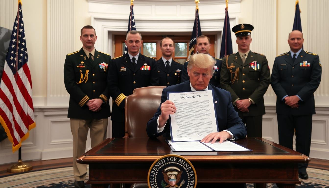 President Trump signing the Big Beautiful Bill with military officials present