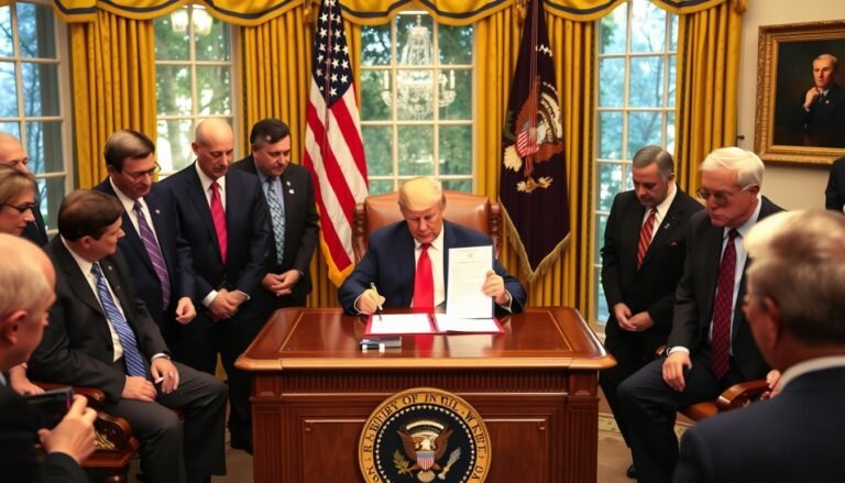 President Trump signing the Big Beautiful Bill with officials gathered around