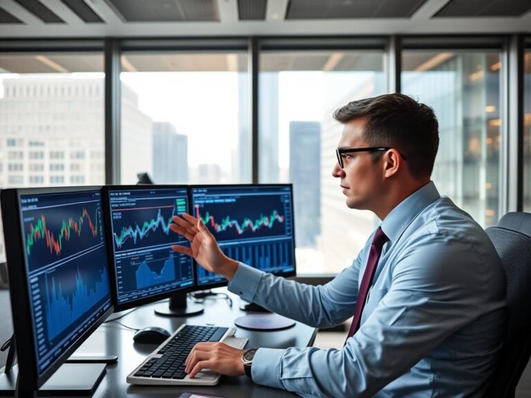 Professional portfolio manager analyzing mutual funds and ETFs performance charts