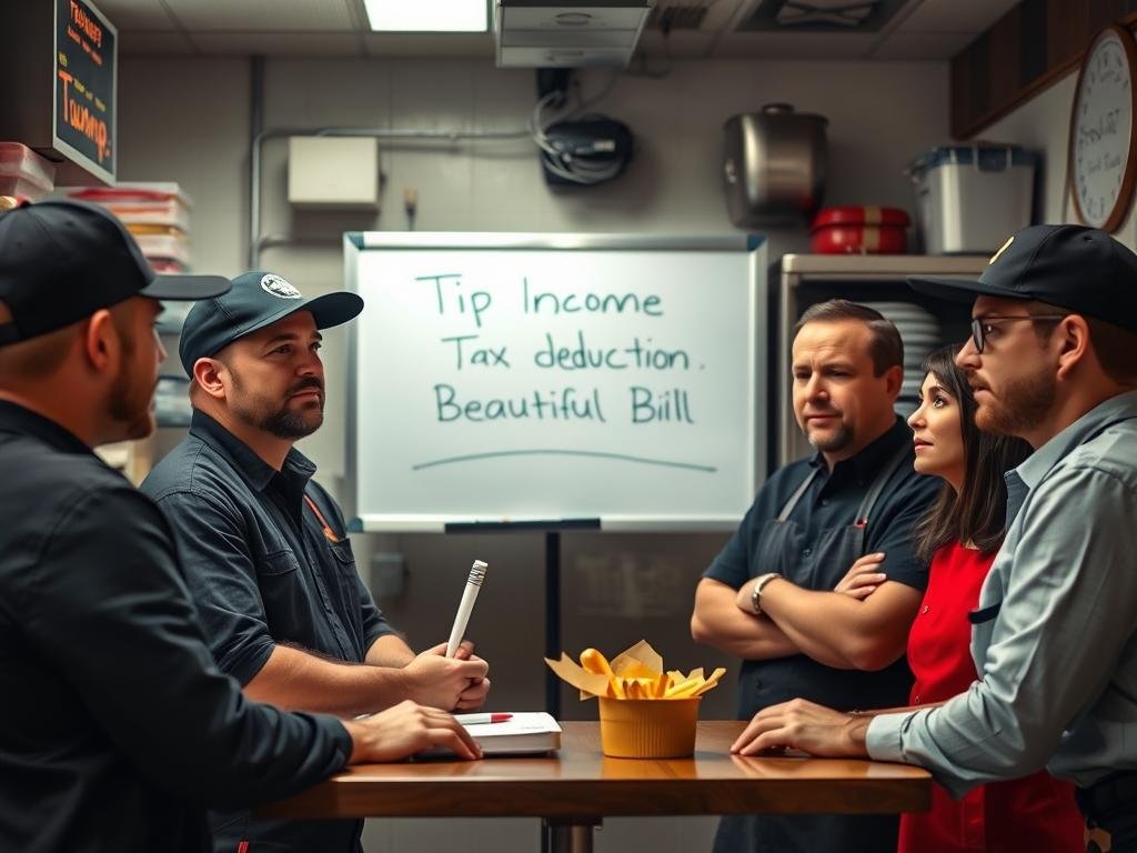 Restaurant workers discussing tip income tax deduction from Trump's Big Beautiful Bill