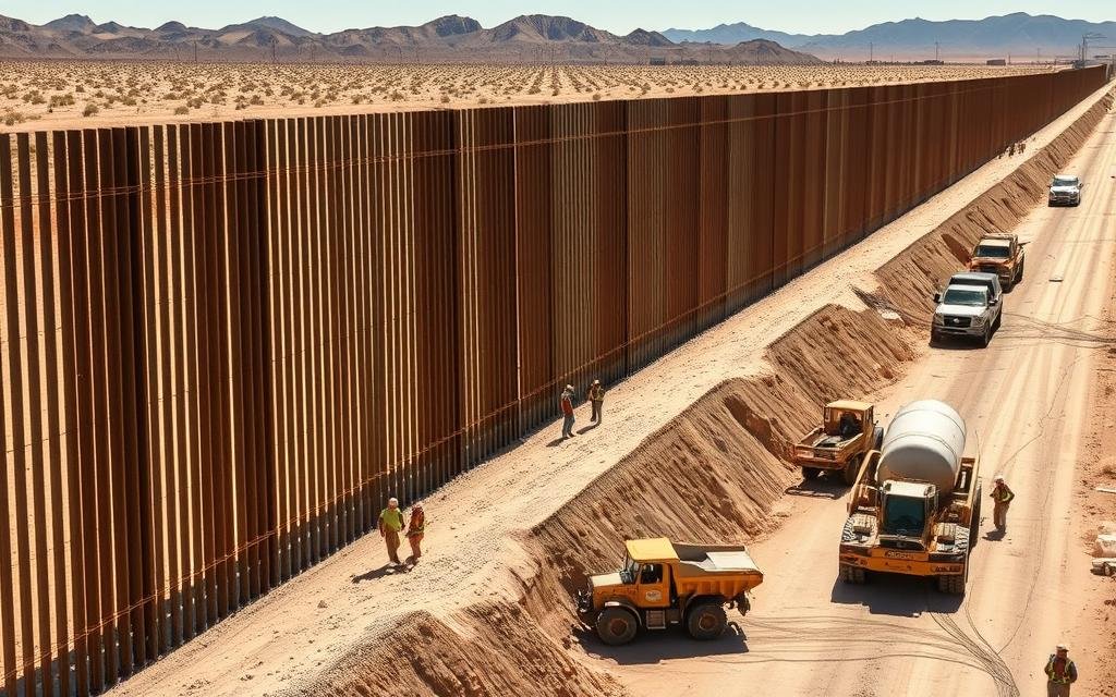 Section of Trump's border wall construction with workers and equipment