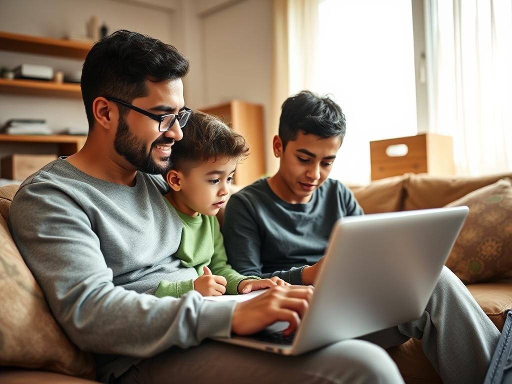 Single parent helping child with homework while working from home