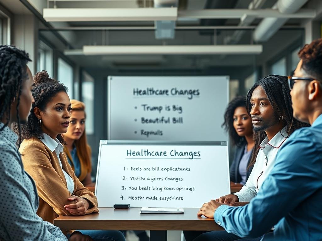 Small business owner discussing healthcare options with employees with Trump's Big Beautiful Bill mentioned on whiteboard