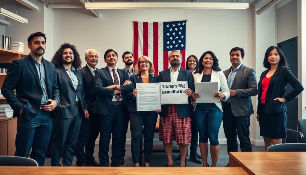 Small business owner looking confidently toward future with American flag and Trump's Big Beautiful Bill document visible