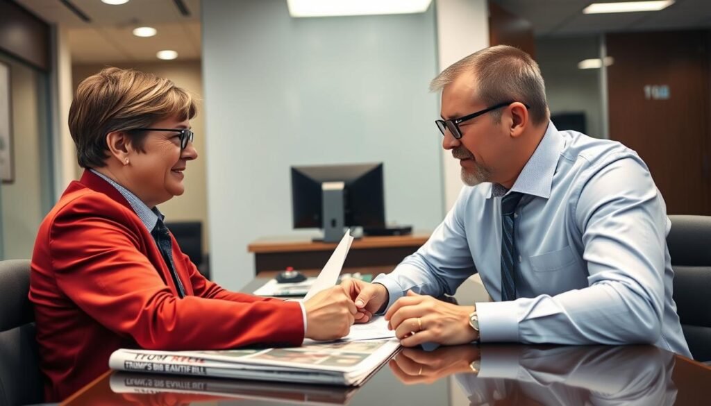 Small business owner meeting with banker discussing loan terms with Trump's Big Beautiful Bill mentioned in conversation