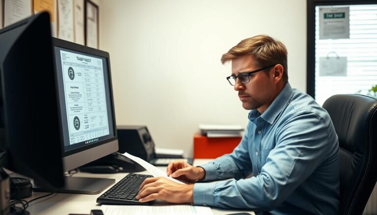 Small business owner reviewing tax documents with Trump's Big Beautiful Bill visible on computer screen