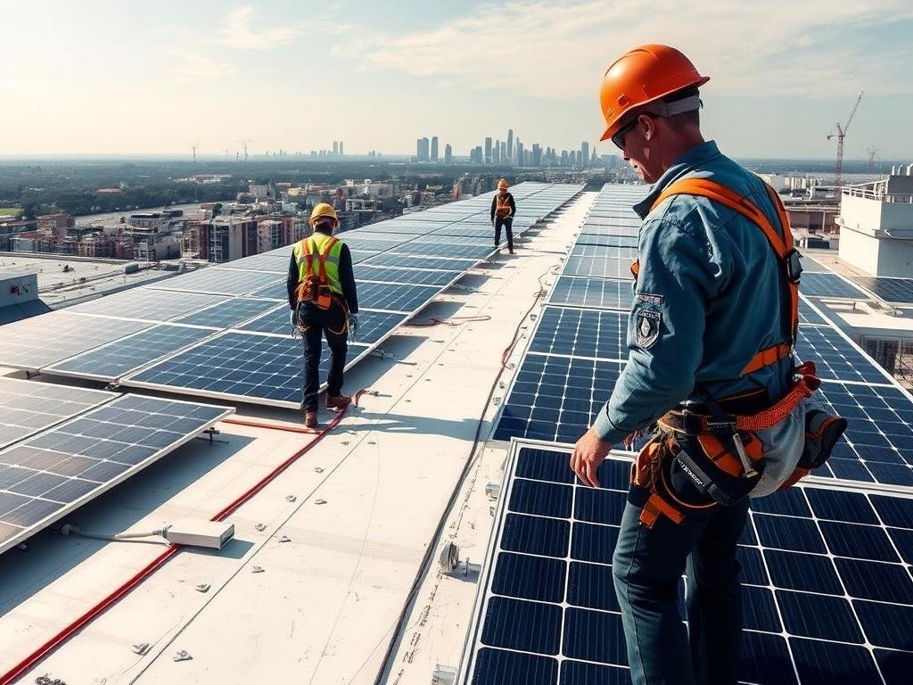 Solar panel installation on commercial building Solar panel installation on commercial building