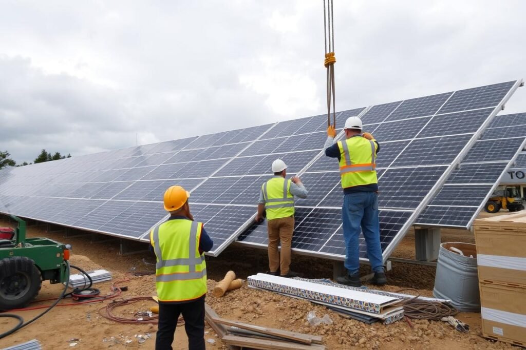 Solar panel installation with workers removing panels after Trump's Big Beautiful Bill passage Solar panel installation with workers removing panels after Trump's Big Beautiful Bill passage