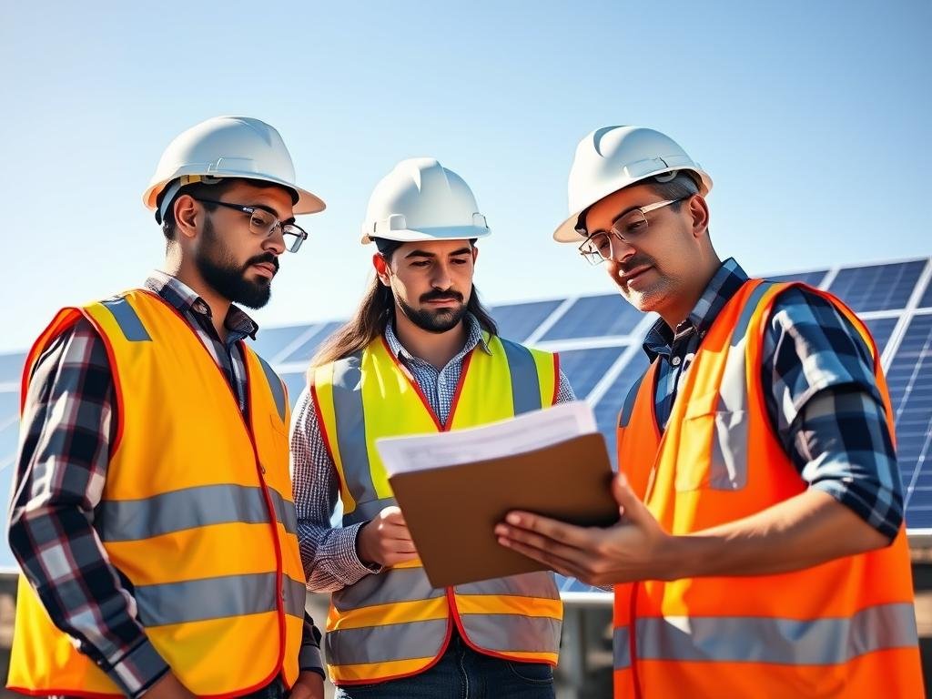 Solar panel installation workers looking concerned while reading policy documents