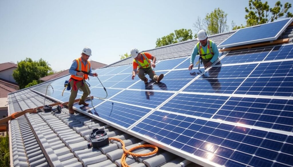 Solar panel installation workers on a rooftop with equipment