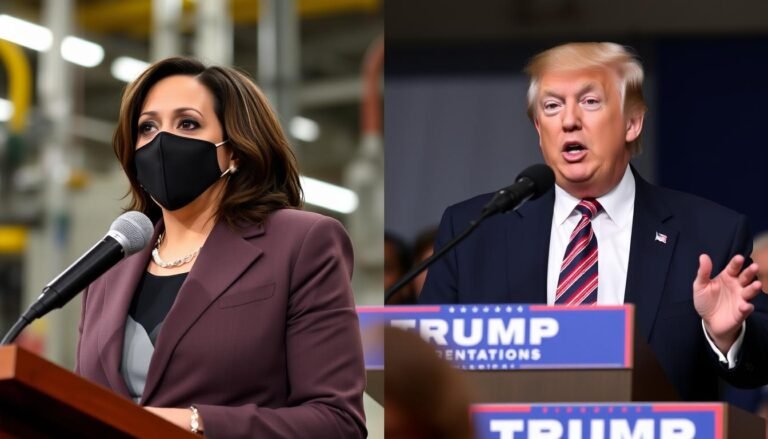 Split image showing Harris speaking at a manufacturing plant and Trump at an economic forum, both discussing economic plans