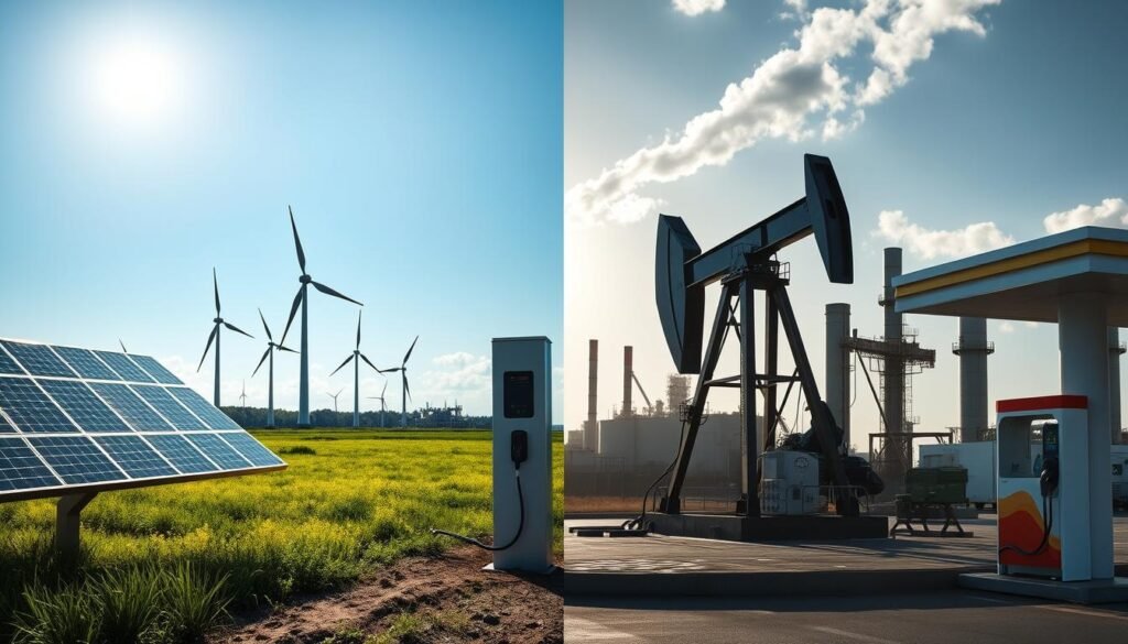 Split image showing contrasting clean energy and fossil fuel infrastructure