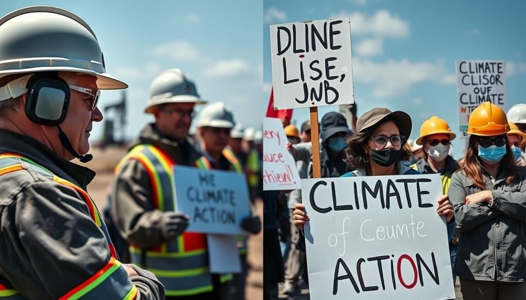 Split image showing oil workers and environmental protesters Split image showing oil workers and environmental protesters