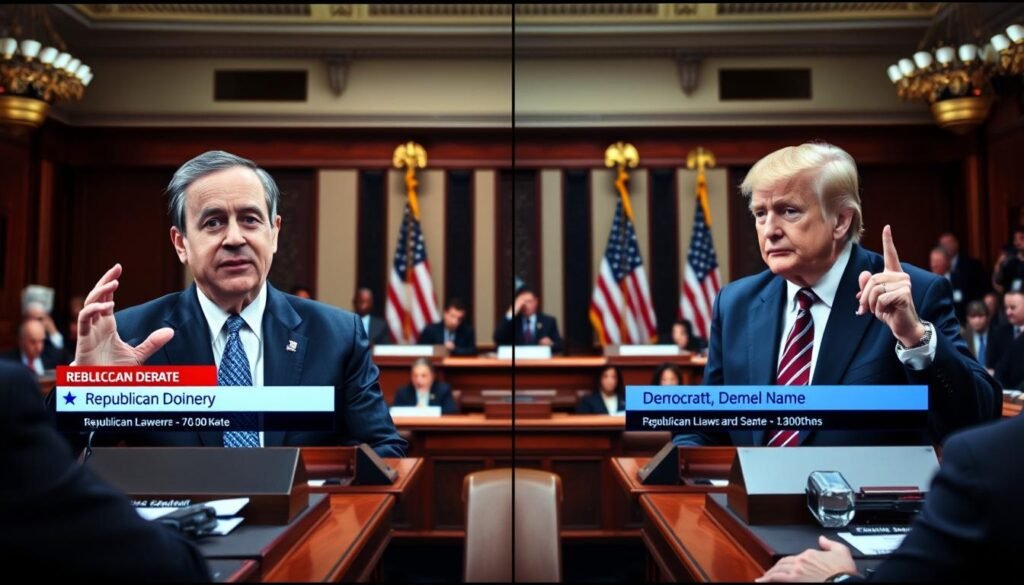 Split screen showing contrasting reactions to the Big Beautiful Bill from Republican and Democratic lawmakers during congressional debate