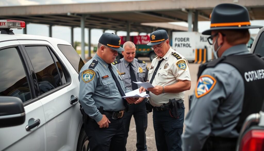 State officials and federal agents coordinating at border checkpoint