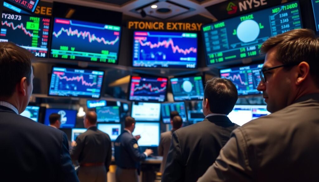 Stock market trading floor with investors reacting to news about Trump's Big Beautiful Bill stock market impact