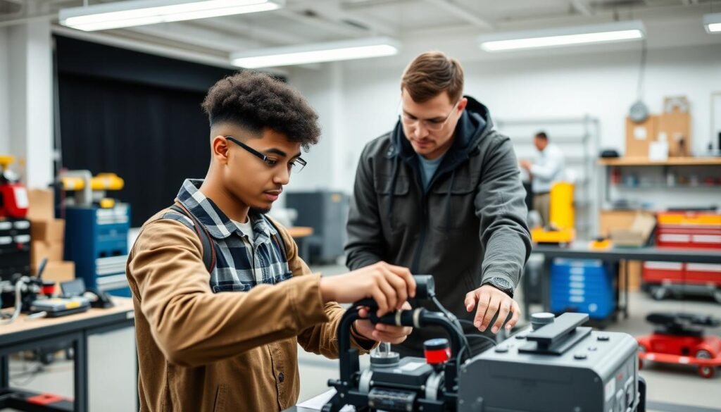 Student in vocational training program working with instructor