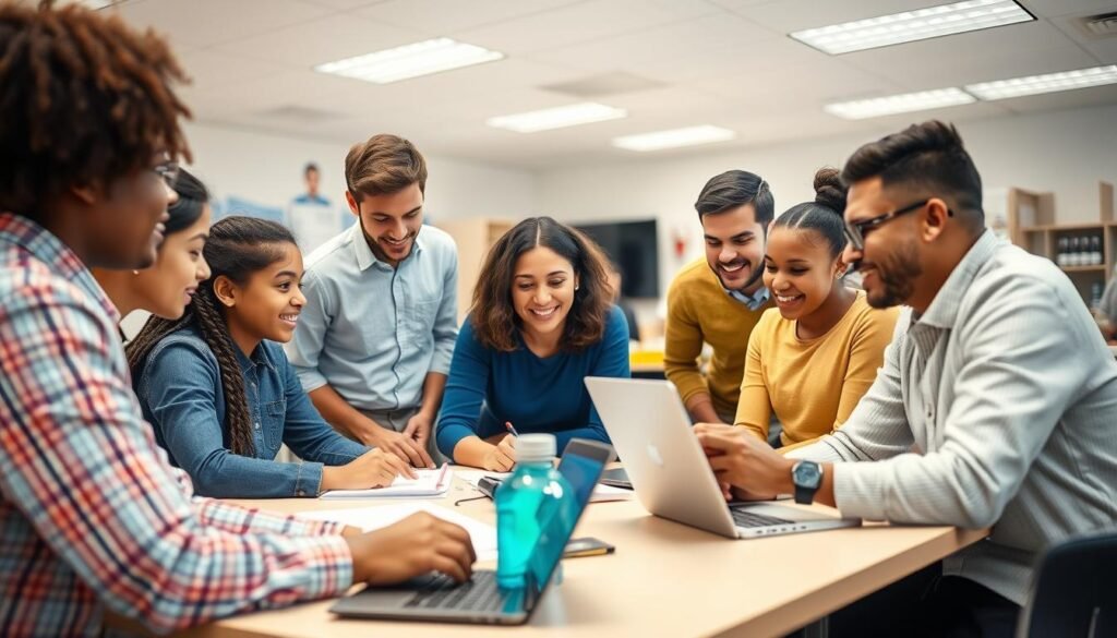 Students and teachers collaborating in modern classroom setting