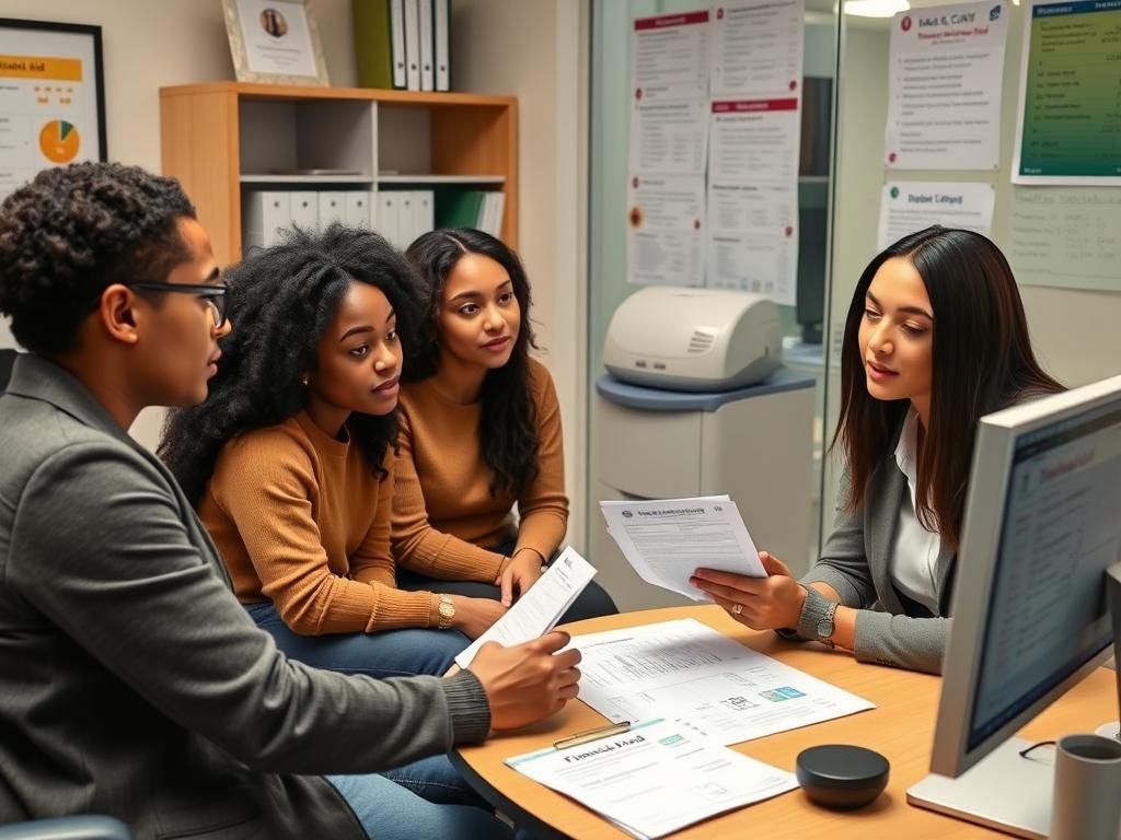 Students discussing education financing options with a financial aid counselor