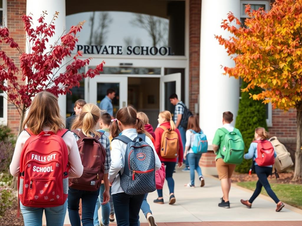 Students entering a private school building with parents