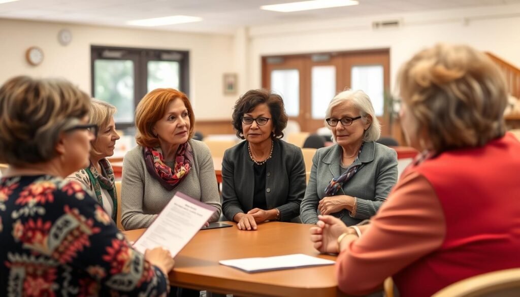 Suburban women voters discussing policy impact at community center