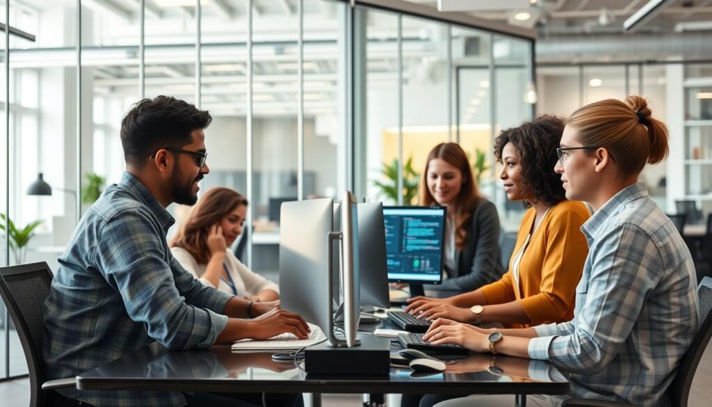 Tech workers in a modern office space in California