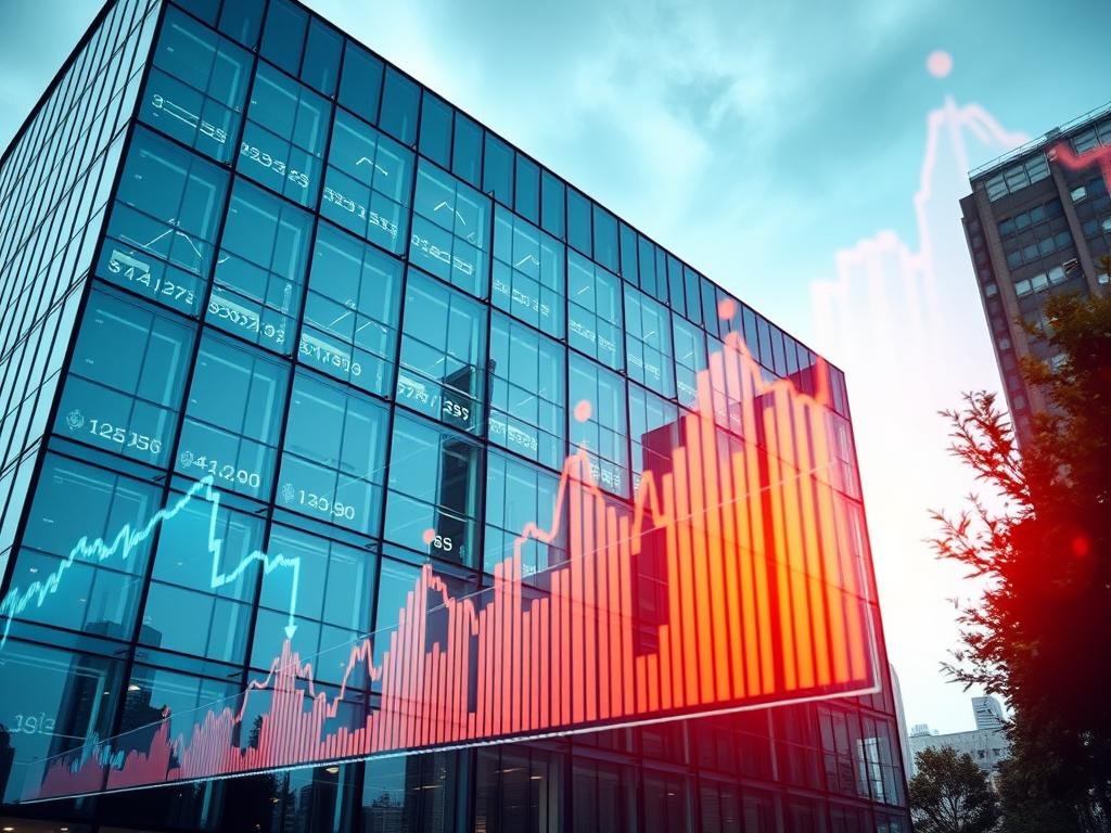 Technology company headquarters with stock charts overlay, representing tech sector response to Trump's Big Beautiful Bill stock market impact