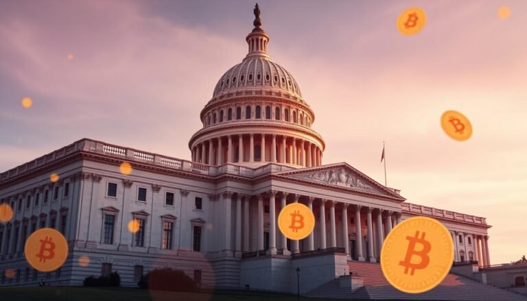 U.S. Capitol building with Bitcoin and dollar symbols overlay