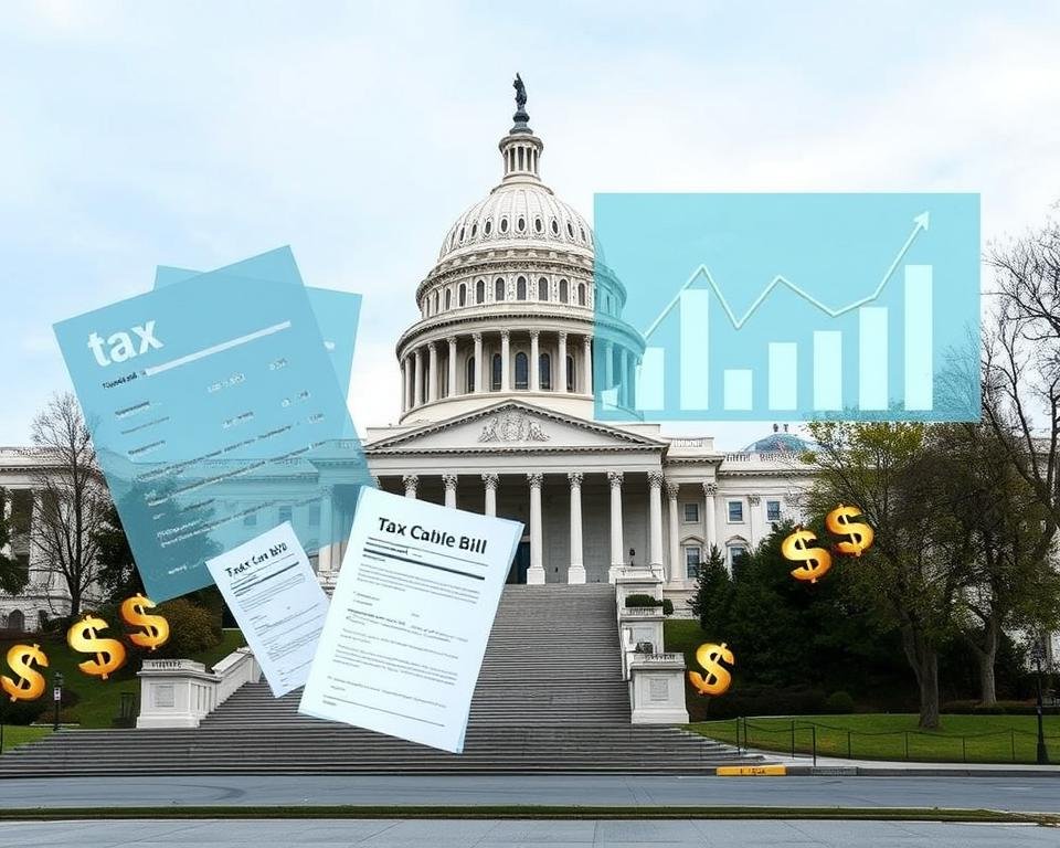 U.S. Capitol building with tax document overlays representing the bill's tax provisions
