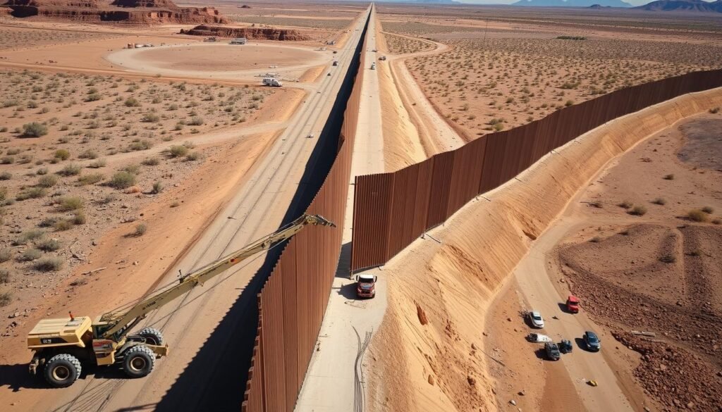 U.S.-Mexico border wall construction with workers and equipment