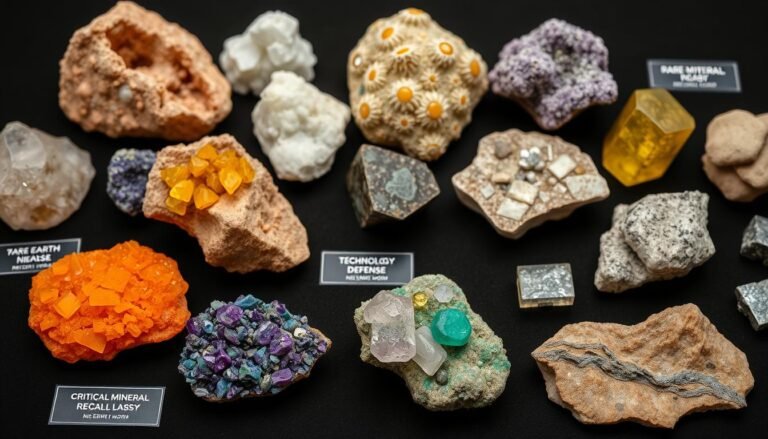 Various rare earth minerals and critical minerals displayed with labels showing their applications in technology