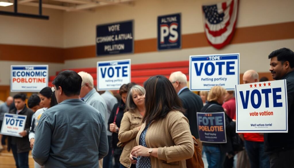 Voters at a polling station with economic policy signs visible in the background