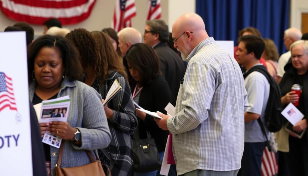 Voters at polling station with healthcare policy signs showing Healthcare Bill Election Impact