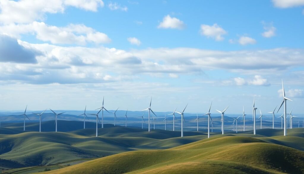 Wind farm with multiple turbines against blue sky Wind farm with multiple turbines against blue sky