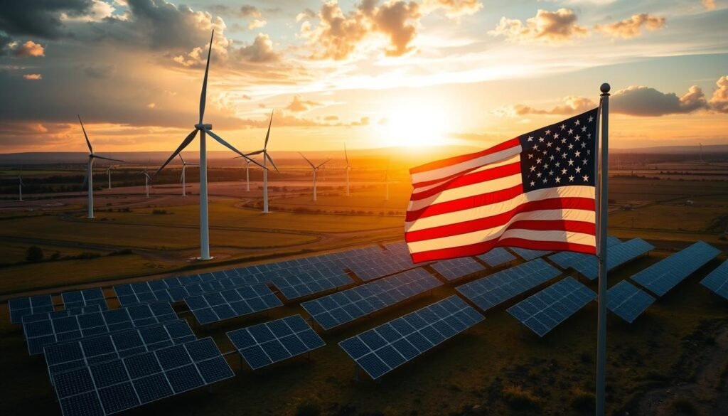 Wind turbines and solar panels with American flag